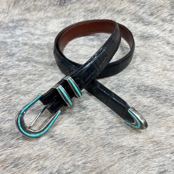 David Dear Turquoise Sterling Buckle on Crocodile Belt Sterling silver belt buckles belt tips main image 2